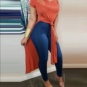 Short Sleeve Ladder Cut Out Split Hem Longline Top